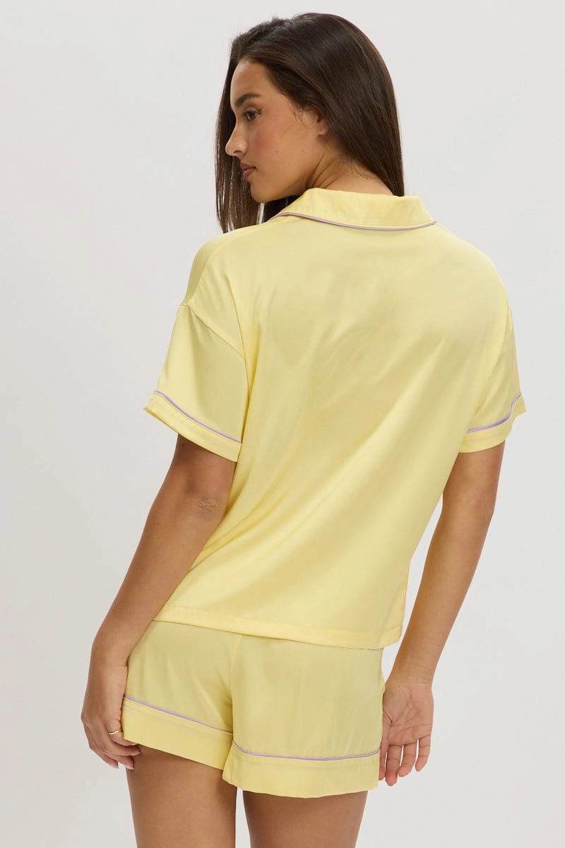 Yellow Satin Pyjamas Set Short Sleeve